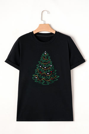 Black Rhinestone Christmas Tree Round Neck Graphic Tee