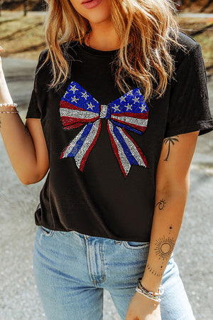 Black Rhinestone Stars and Stripes Bow Graphic Independence Day T Shirt