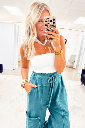 Lapis Mineral Wash Lace-up High Waist Raw Hem Patched Pocket Pants