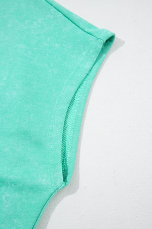 Sea Green Mineral Wash Drawstring Elastic Waistband Hollow Out Back Short Sleeve Romper