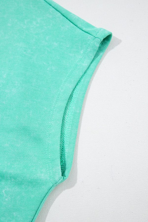 Sea Green Mineral Wash Drawstring Elastic Waistband Hollow Out Back Short Sleeve Romper