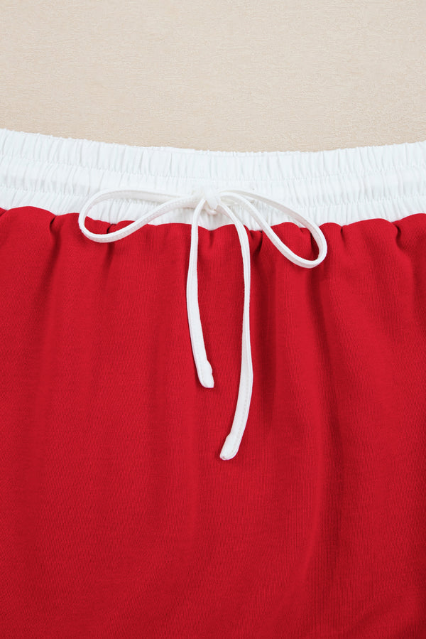 Fiery Red Varsity Stripe Detail Drop Shoulder Pullover Mini Skirt Set
