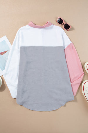 Dusty Pink Color Block/Pure Color Patch Pocket Shirt