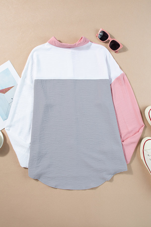 Dusty Pink Color Block/Pure Color Patch Pocket Shirt