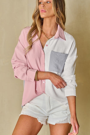 Dusty Pink Color Block/Pure Color Patch Pocket Shirt