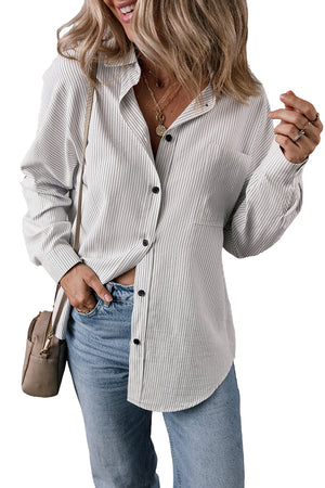 DEAR-LOVER Stripe Roll-tab Sleeve Pocketed Long Shirt