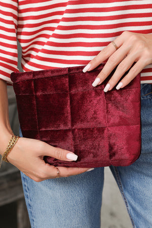 Burgundy Quilted Velour Zipper Cosmetic Organize Pouch
