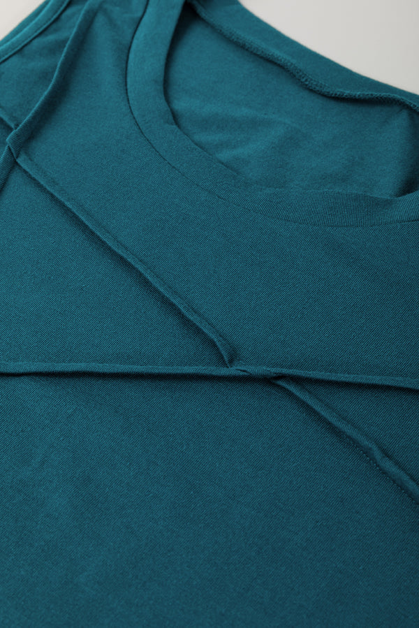 Blue Sapphire Solid Color Stitching Detail Round Neck Tank Top