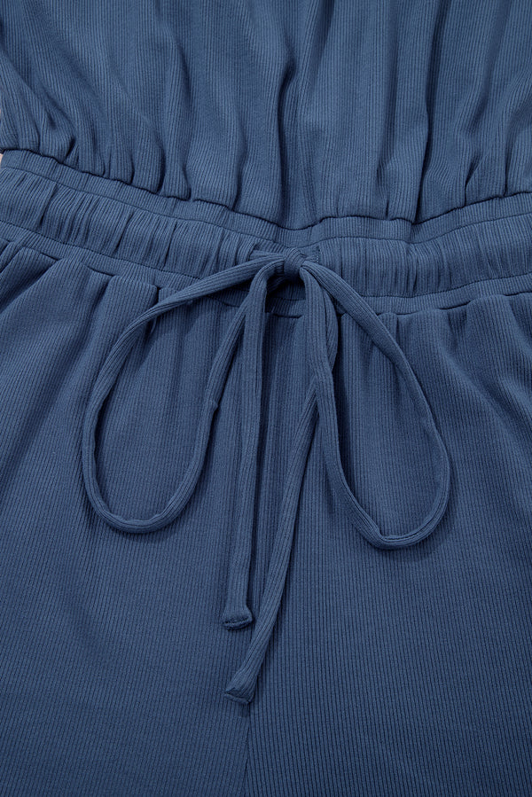 Ashleigh Blue Knit Open Back Cap Sleeve Drawstring Elastic Waistband Romper