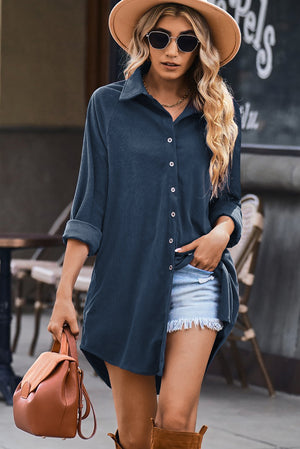 Blue Corduroy Shirt Style Full Button Long Sleeve Shift Mini Dress