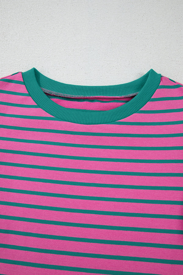 Pink Stripe Colorblock Ruffled Sleeve Crew Neck Blouse