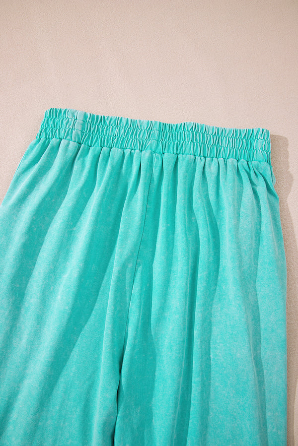 Mint Green Acid Wash Star Patched Rolled Trim Pants Set