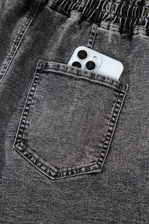 High Drawstring Elastic Waistband Casual Denim Shorts with Pockets