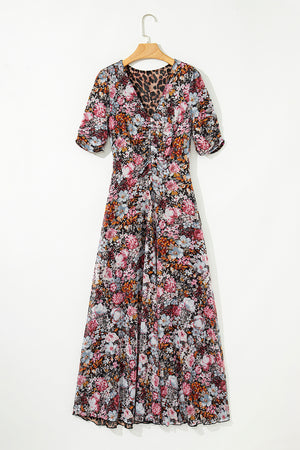 Brown Mesh Leopard Floral Reversible V Neck Short Sleeve Dress