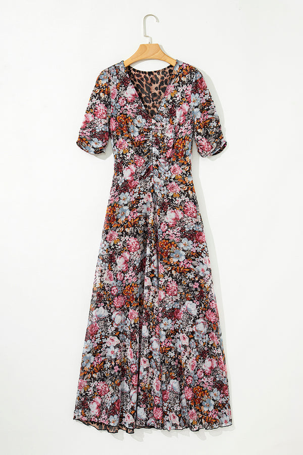 Brown Mesh Leopard Floral Reversible V Neck Short Sleeve Dress