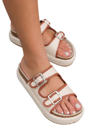 Beige Linen Dual Buckle Strap Thick Sole Outdoor Slippers