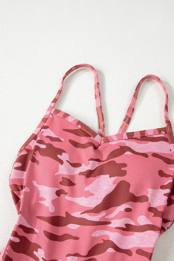 Pink Camouflage Strappy Open Back Active Romper