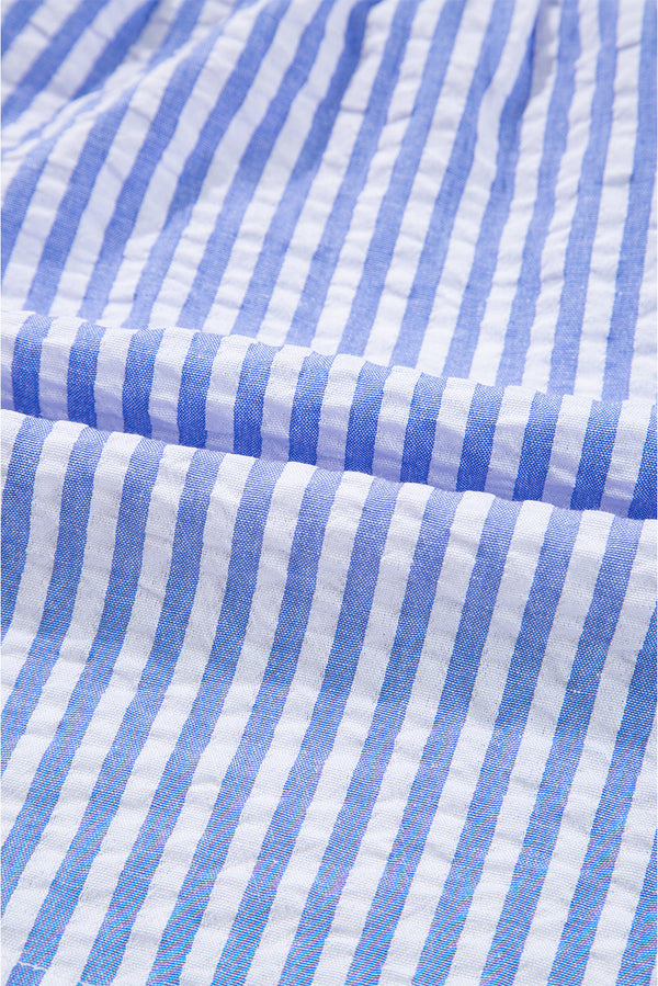 Sky Blue Stripe Bracelet Sleeve Tiered Shift Dress with Pockets