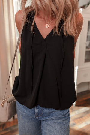 Black Pinched V Neck Tie Loose Tank Top