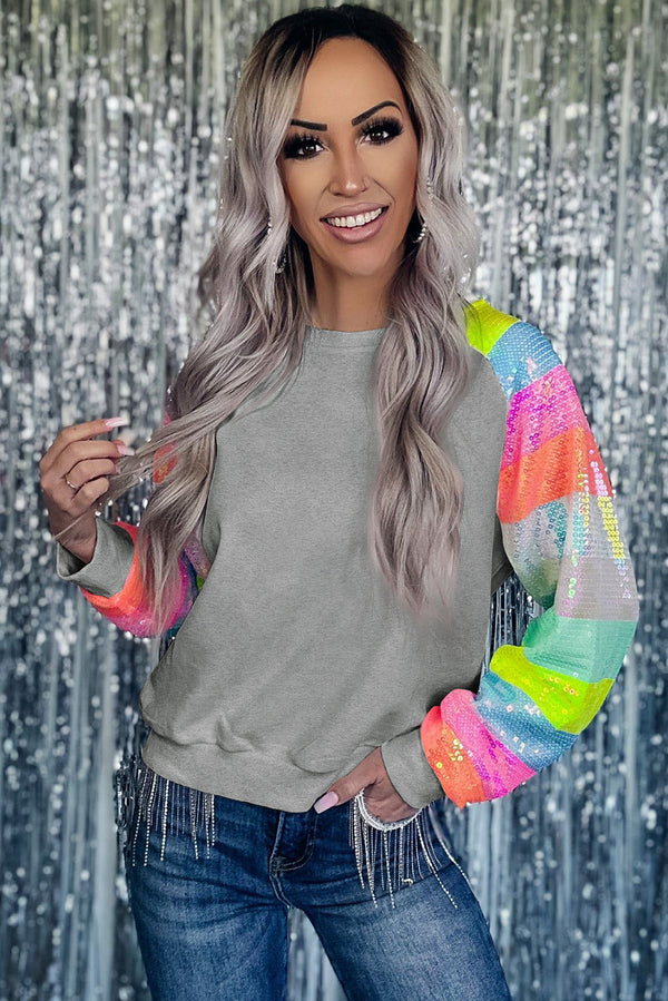 Gray Sequin Color Block Raglan Sleeve Pullover Sweatshirt