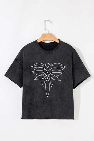 Black Floral Embroidered Mineral Wash Crew Neck T Shirt