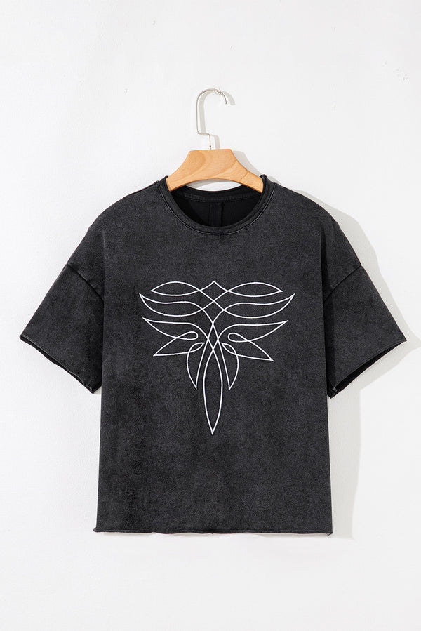 Black Floral Embroidered Mineral Wash Crew Neck T Shirt
