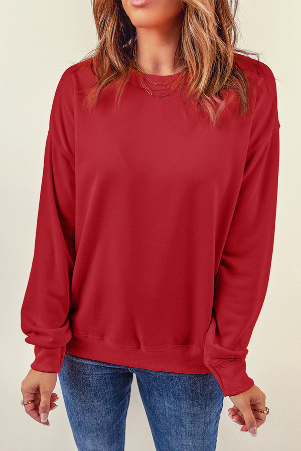 Fiery Red Plain Crew Neck Pullover Sweatshirt