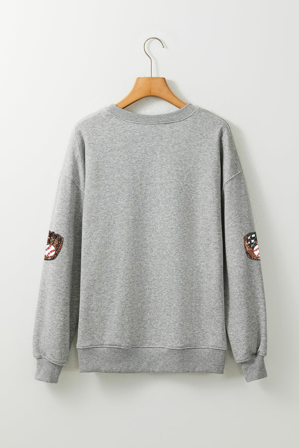 Gray Sequin Baseball Patched Casual Sweatshirt