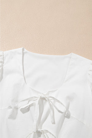 White Bow Knot Decor Square Neck Puff Sleeve Peplum Top