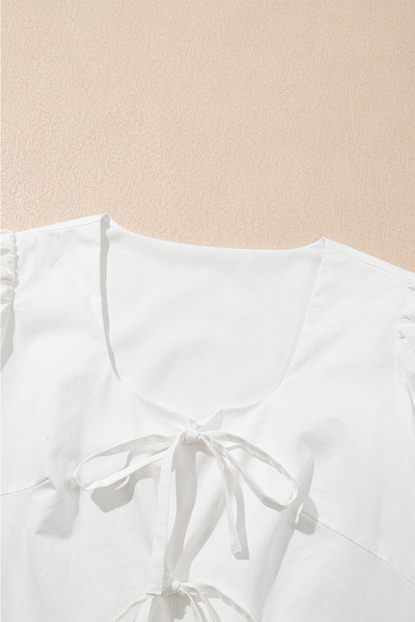 White Bow Knot Decor Square Neck Puff Sleeve Peplum Top