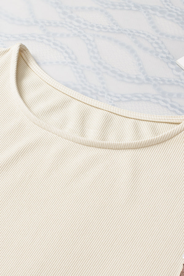 White Sequined Bell Sleeve Round Neck Blouse