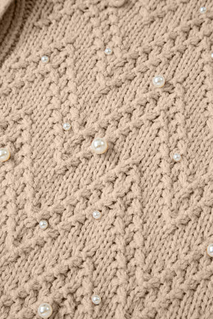 Smoke Gray Pearl Embellished Button Front V Neck Sweater Cardigan