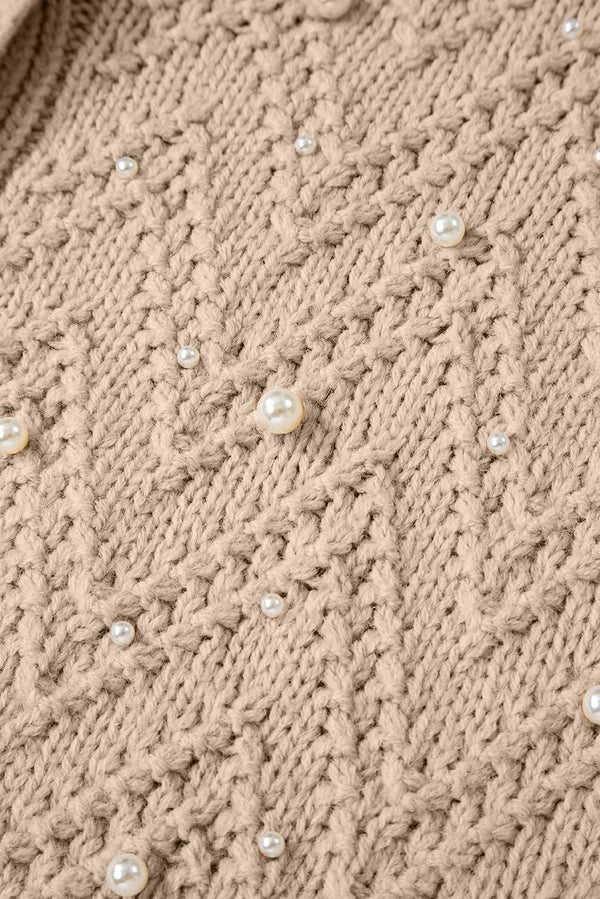 Smoke Gray Pearl Embellished Button Front V Neck Sweater Cardigan