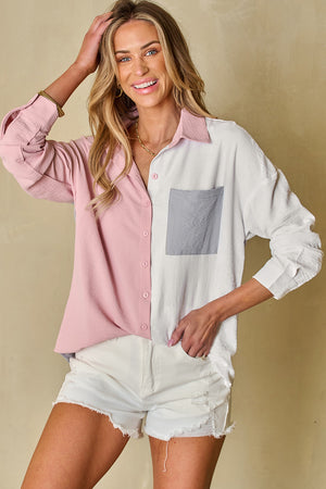 Dusty Pink Color Block/Pure Color Patch Pocket Shirt