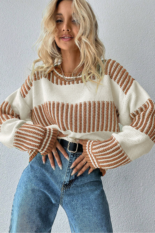 Khaki Two Tone Striped Patchwork Drop Shoulder Loose Sweater