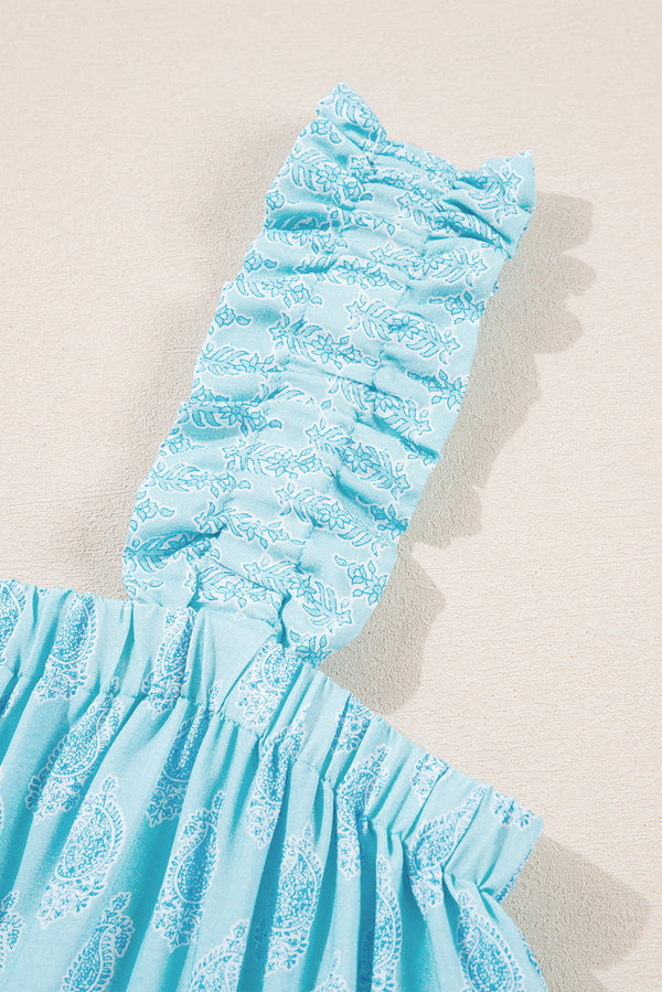 Sky Blue Tribal Pattern Print Ruffled Wide Straps Loose Tank Top