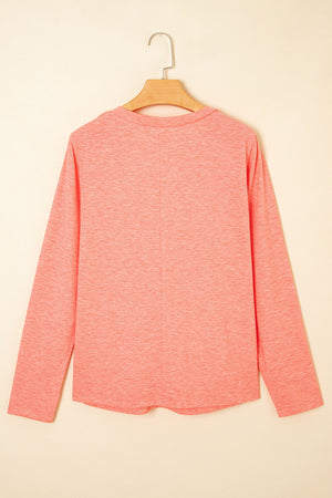 Fresh Salmon Floral Patchwork V Neck Long Sleeve T Shirt