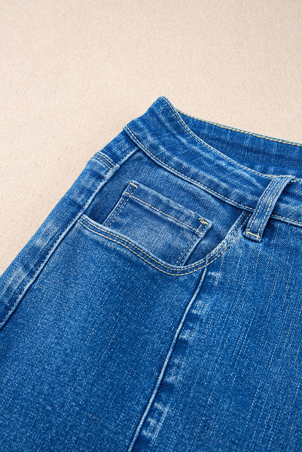 Dark Blue Plain Seam Detail Flared Bottom Ankle Length Jeans