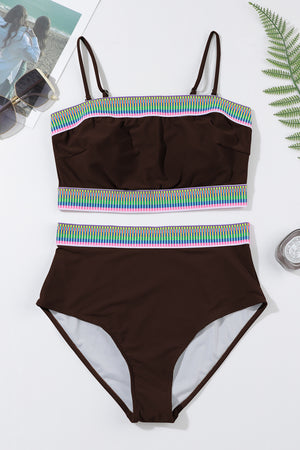 Coffee Contrast Banding Tube Bikini High Waist 2pcs Swimsuit