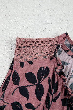 Brown Leaf Print Lace-up V Neck Crinckled Tank Top