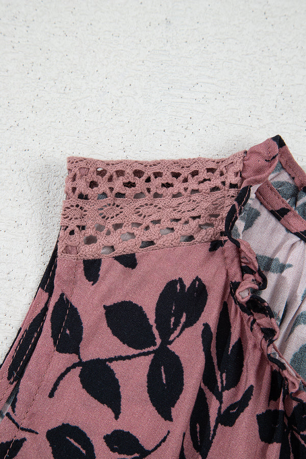 Brown Leaf Print Lace-up V Neck Crinckled Tank Top