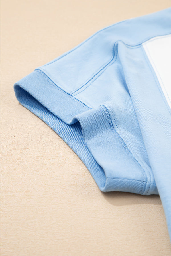 Sky Blue Color Block Exposed Seam Crew Neck T Shirt