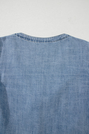 Dusk Blue Tied Front Long Puff Sleeve Denim Top