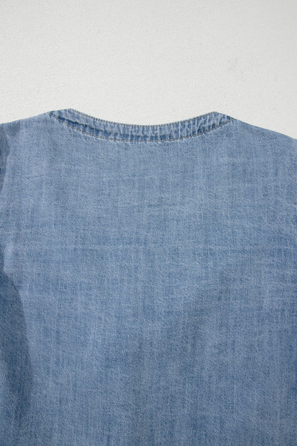 Dusk Blue Tied Front Long Puff Sleeve Denim Top