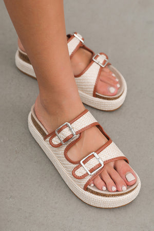 Beige Linen Dual Buckle Strap Thick Sole Outdoor Slippers
