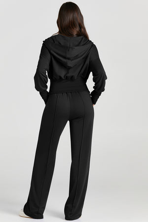 Black Double Zipper Hooded Jacket and Sweatpants Active Set