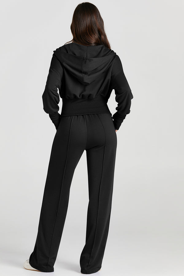 Black Double Zipper Hooded Jacket and Sweatpants Active Set