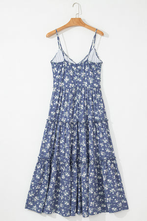 Blue Floral Spaghetti Strap Frilled V Neck Tiered Midi Dress