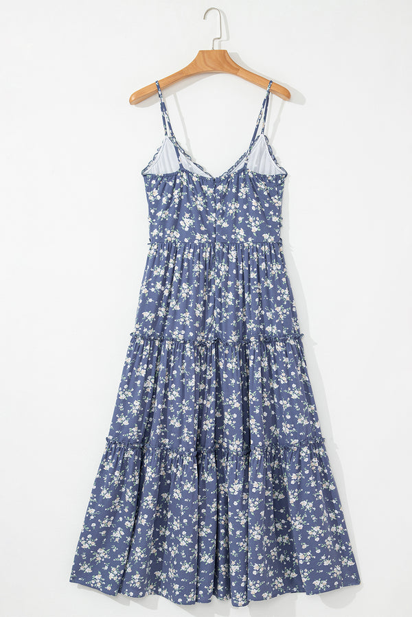 Blue Floral Spaghetti Strap Frilled V Neck Tiered Midi Dress