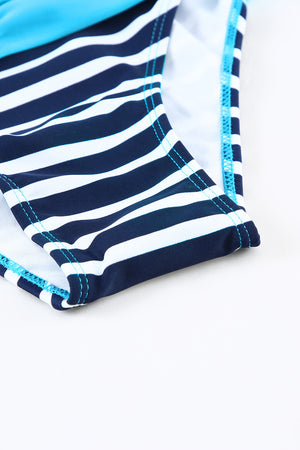 Striped Blue Padded Gather Push-up Bikini Set